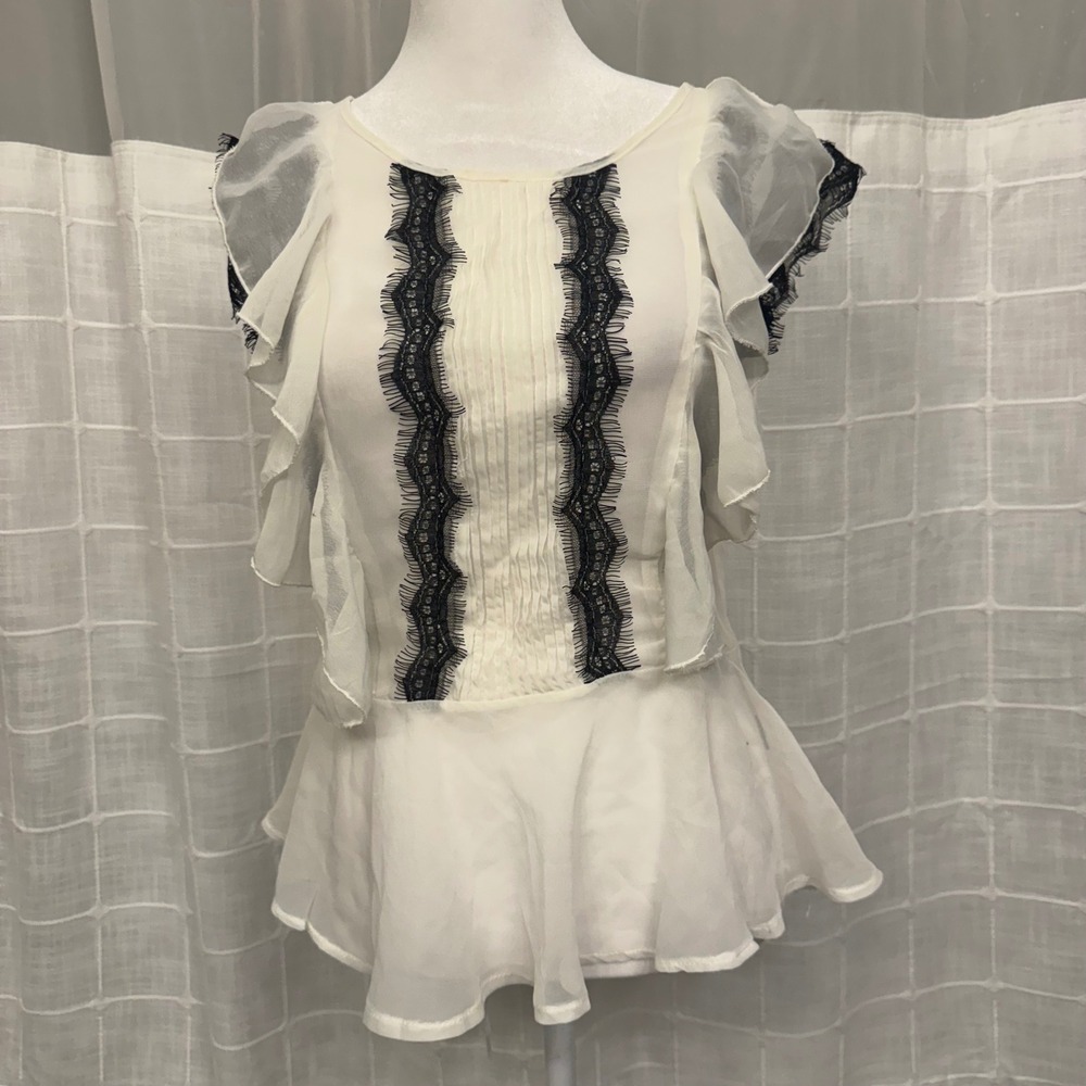 Paper Tee White Lace Trim Ruffle Peplum Blouse Top Medium Black Contrast Chiffon